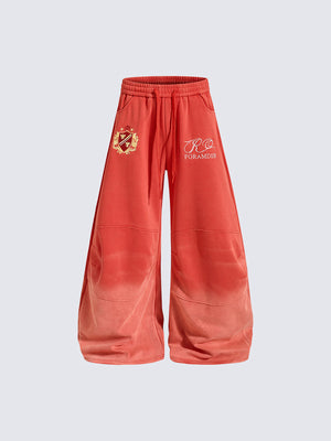 Gradient Wash Embroidered Wide Leg Sweatpants – Red, front view | XoKool