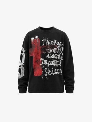 Graffiti Cross Waffle Knit Long Sleeve Tee – Black, front flat | XoKool