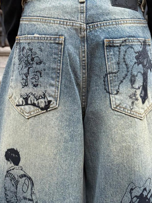 Graphic wide leg jeans – back pockets print close-up | XoKool