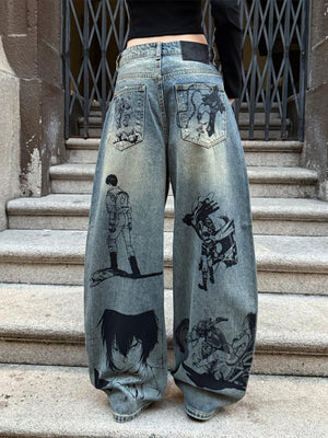 Graphic Wide Leg Jeans with Manga-Style Print – on model, back | XoKool
