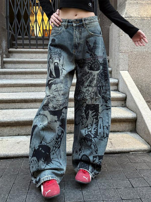 Graphic wide leg jeans – on model, front | XoKool