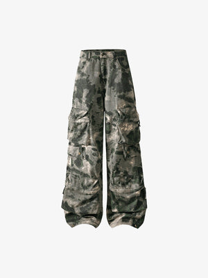 Pantalones de camuflaje verde estilo militar con bolsillos cargo – camuflaje verde, frente en plano | XoKool