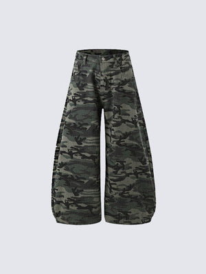 Green Camo Barrel Leg Jeans – Camo, front view | XoKool
