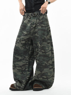 Green Camo Barrel Leg Jeans – on model, front | XoKool