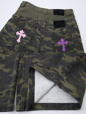 Green Camo Barrel Pants with Layered Waist – back cross patches and slit close-up | XoKool