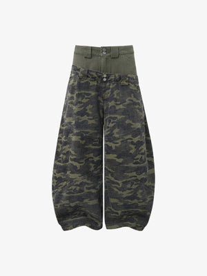 Green Camo Barrel Pants with Layered Waist – front flat lay | XoKool
