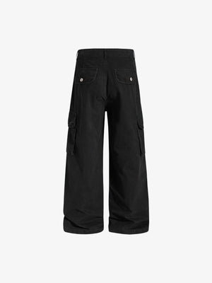 Green Cargo Pants with Button Flap Pockets – Black, back flat | XoKool