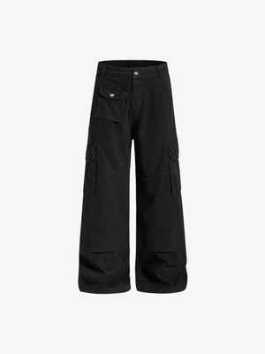 Green Cargo Pants with Button Flap Pockets – Black, front flat | XoKool