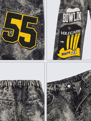 Acid Wash Patch Jeans – Detail-Collage: Patches, elastischer Rückenbund, Hosenschlitz | XoKool