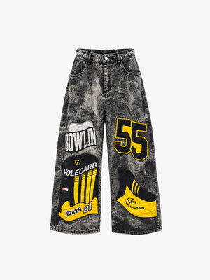 Graue Acid Wash Baggy Jeans mit Racing Patches – Grau Acid Wash, Vorderseite flach | XoKool