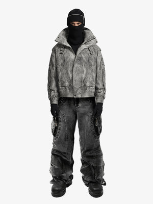 Chaqueta bomber gris acid wash con cuello alto – en modelo, frente | XoKool