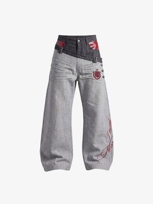 Graue Wide Leg Jeans mit asymmetrischem Bund – Vorderseite flach | XoKool