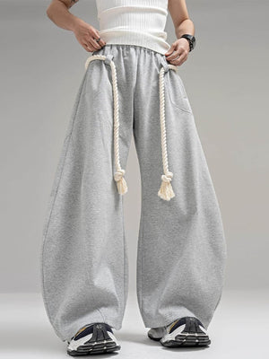 Grey Barrel Sweatpants with Rope Belt – Grey, on model front close | XoKool