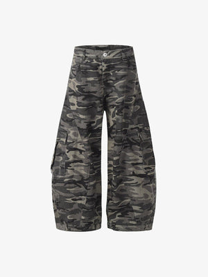 Grey Camo Barrel Cargo Jeans – front flat lay | XoKool
