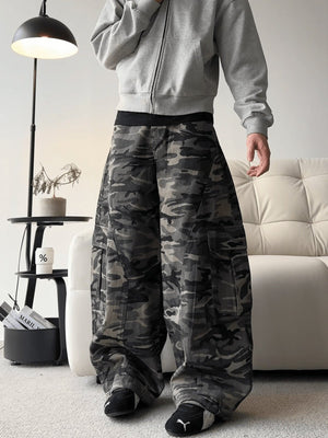 Grey Camo Barrel Cargo Jeans – on model, front | XoKool