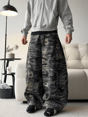 Grey Camo Barrel Cargo Jeans – on model, front | XoKool