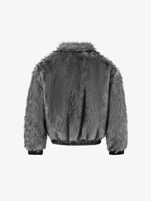 Grey Faux Fur Bomber Jacket with Leather-Look Trim – Grey, back | XoKool