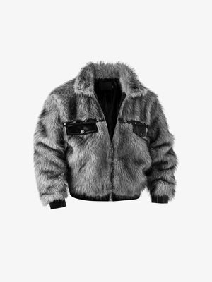 Grey Faux Fur Bomber Jacket with Leather-Look Trim – Grey, front | XoKool