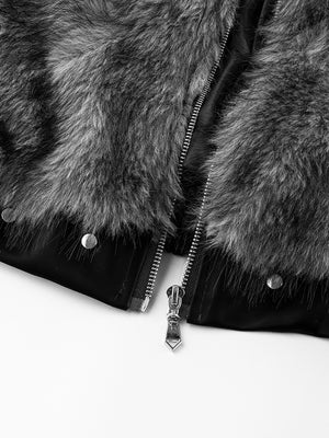 Faux fur bomber jacket – zip and hem close-up | XoKool