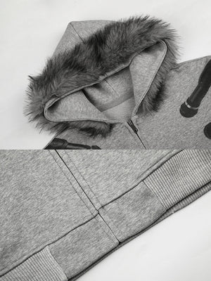 Fur hood zip up hoodie – fur hood and pocket close-up | XoKool