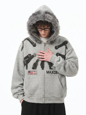 Fur hood zip up hoodie – on model, front, hood up | XoKool