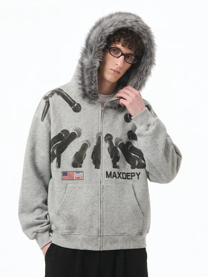 Fur hood zip up hoodie – on model, fur hood up | XoKool