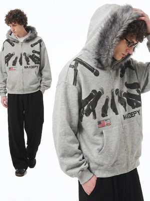 Grey Graphic Fur Hood Zip Up Hoodie – on model (man), front and side | XoKool