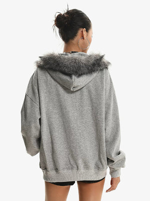Fur hood zip up hoodie – on model (woman), back | XoKool