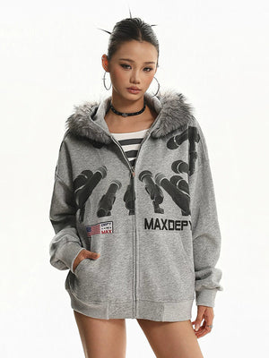 Fur hood zip up hoodie – on model (woman), front | XoKool
