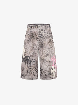 Graue Graphic Shorts mit Kreuz-Patches – Grau, Vorderseite flach | XoKool