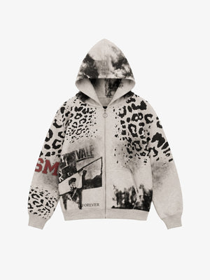 Grey Leopard Print Collage Zip Up Hoodie – front view | XoKool