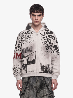 Grey Leopard Print Collage Zip Up Hoodie – on model, front | XoKool