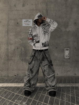 Grey Leopard Print Collage Zip Up Hoodie – street photo | XoKool