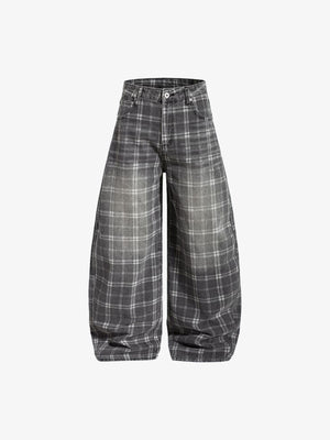 Graue karierte Barrel Jeans – Grau kariert, Vorderseite flach | XoKool