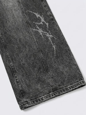 Rhinestone Wide Leg Jeans – hem & rhinestone close-up | XoKool
