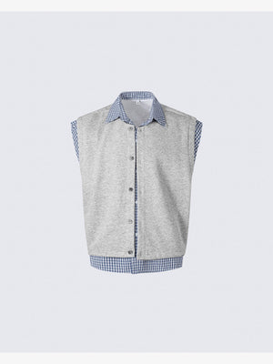 Grey Sleeveless Shirt with Gingham Layered Collar – Grey, front flat lay | XoKool