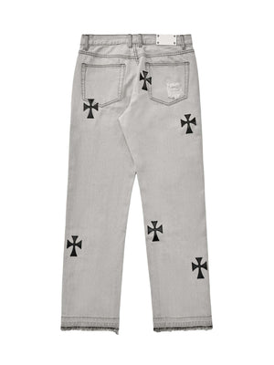 Grey Straight Leg Jeans with Cross Patches – Light Grey, back view | XoKool