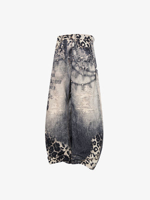Grey Wash Leopard Barrel Jeans with Chain – front angle flat | XoKool