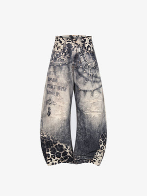 Grey Wash Leopard Barrel Jeans with Chain – front view flat | XoKool