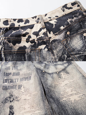 Leopard barrel jeans – leopard waistband and slogan print close-up | XoKool