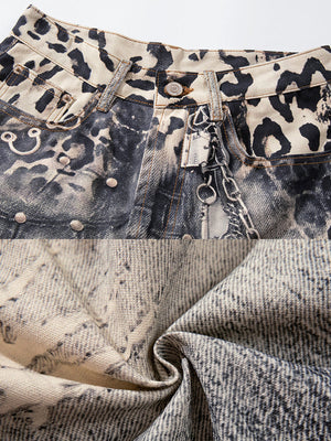 Grey Wash Leopard Barrel Jeans with Chain – waist chain and fabric close-up | XoKool