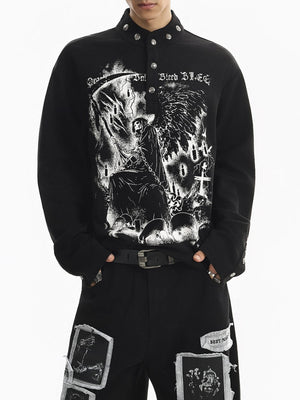 Grim Reaper Graphic Long Sleeve Shirt with Snap Collar – Black on model, front | XoKool