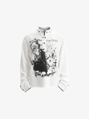 Grim Reaper Graphic Long Sleeve Shirt with Snap Collar – White, front flat | XoKool