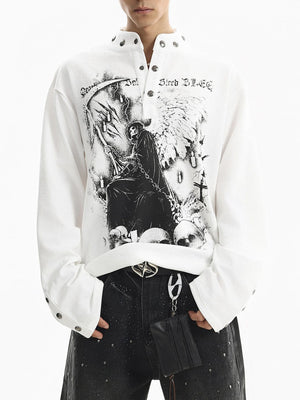 Grim Reaper Graphic Long Sleeve Shirt with Snap Collar – White on model, front | XoKool