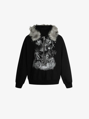 Half zip fur hood hoodie – Black, front view | XoKool