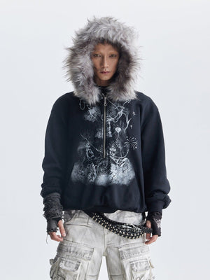 Half zip fur hood hoodie – Black, on model, front | XoKool