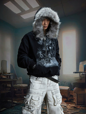 Half Zip Graphic Hoodie with Faux Fur Hood – Black, on model, front | XoKool