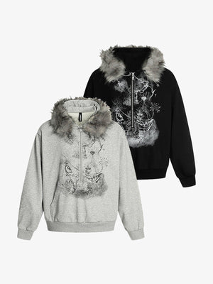 Half zip fur hood hoodie – Grey and black, front views | XoKool