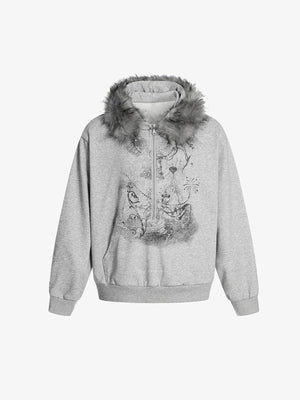 Half Zip Graphic Hoodie with Faux Fur Hood – Heather grey, front view | XoKool