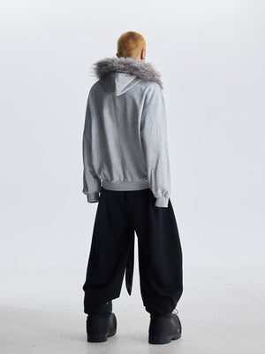 Half zip fur hood hoodie – Heather grey, on model, back | XoKool